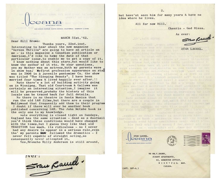 Stan Laurel Letter Signed -- ''...I never had any desire to appear in a serious role...I never felt capable of straight acting, so consequently never attempted it...''